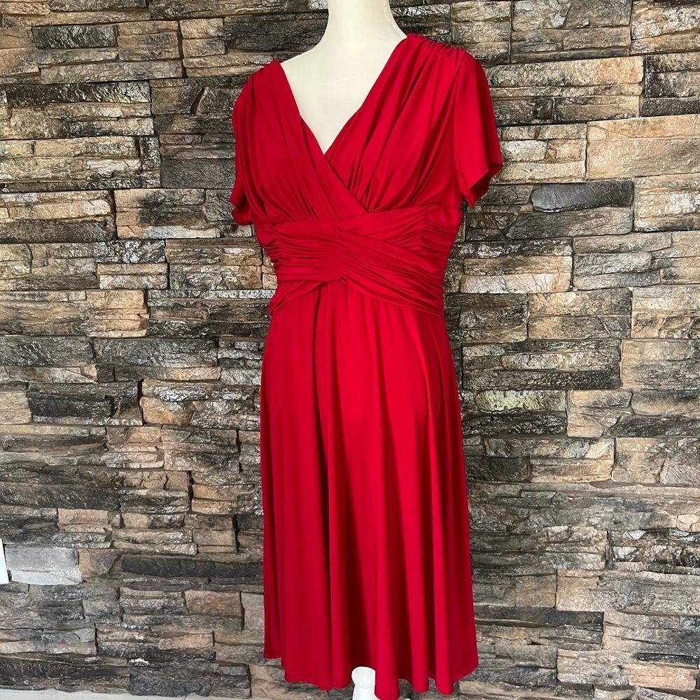 NorthStyle Red Wrap Midi Dress with Pleated V-Neck